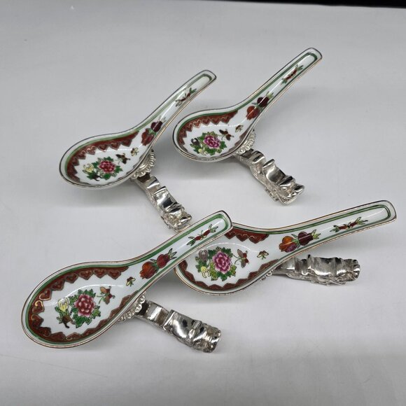 Chinese Porcelain Soup Spoons With Silverplated Dragon Rests Floral Heart Set - Picture 4 of 9